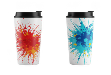 Two tall coffee cups with vibrant paint splatter designs isolated on transparent background