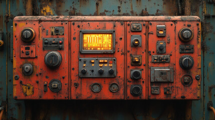 Gritty industrial control panel in a dimly lit factory setting