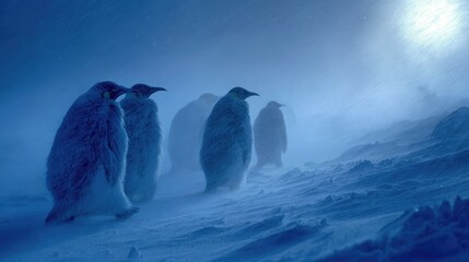 Penguins sheltering from a snowstorm, fluffed feathers visible in the cold wind