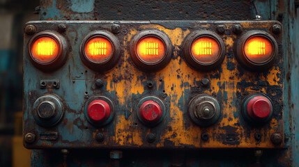 Worn metal control panel with aged switches in a workshop