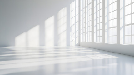 Defocused sunlit white room with expansive window and gentle daylight glow, minimalistic bright interior ideal for background in home, wellness, or mindfulness design projects