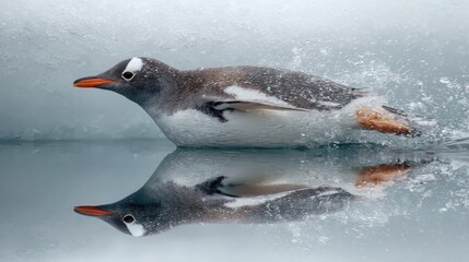 Naklejka premium Penguin gliding smoothly through water just below a frozen surface