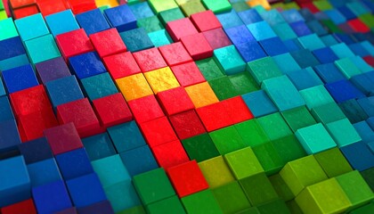 Abstract arrangement of colorful square blocks in varying heights, creating a textured, vibrant, and visually dynamic surface.