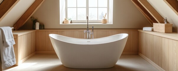 A modern bathroom interior featuring a freestanding bathtub and natural light