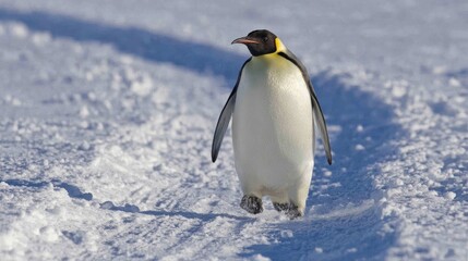 Fototapeta premium Penguin sliding belly-down on smooth ice with snow trails behind, under a bright sky