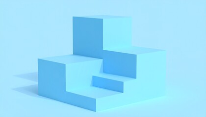 Pastel blue geometric steps, minimalist 3D rendering, product display stand.