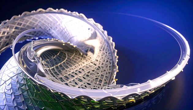 A futuristic, abstract architectural structure with a spiraling, intricate design, showcasing light and shadow.