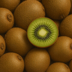 Fototapeta premium Fresh kiwifruits with one sliced open, revealing vibrant green flesh and black seeds. Perfect for concepts of healthy eating, tropical fruit, organic produce, diet, and vitamin-rich food photography.
