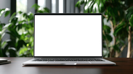 Fototapeta premium Laptop with blank white screen for mockup on a wooden desk in a cozy, sunlit home office setting.