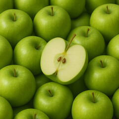 Fresh green apples arranged in a neat pile, featuring one sliced in half to reveal crisp white flesh and seeds, symbolizing healthy eating, freshness, and natural fruit background.