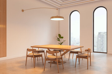 Modern conference room interior with wooden furniture, large windows, city view, and elegant lighting in a corporate office environment. 3D Rendering