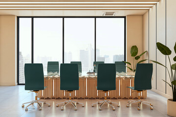 Modern spacious boardroom with sleek glass table and city view through large windows in corporate office interior design setting. 3D Rendering