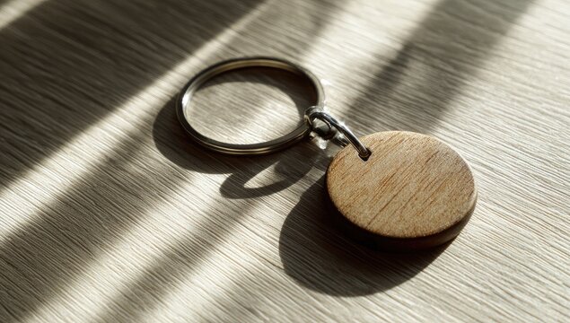 A simple wooden disc keychain with a silver metal ring rests on a light wood surface, illuminated by dramatic parallel light streaks