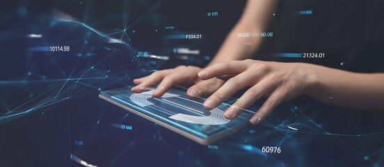 Data Interaction: Hands elegantly interact with a cutting-edge tablet, navigating a mesmerizing digital landscape. A fusion of technology and human touch, where information flows.