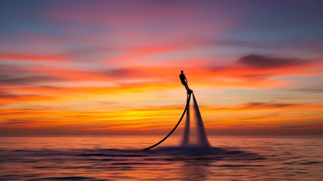 Flyboarding at Sunset Over Ocean Waters