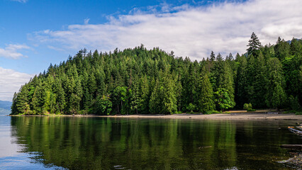 Harrison lake nearby areas within Sasquatch provincial park showing the rocky shoreline, forested backdrop, and glimpses of recreational spots, Harrison, BC, Canada