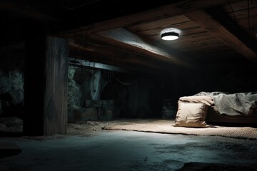 Underground bunker interior with wooden support beams and soft lamp light, domestic items and dust-covered mattress.