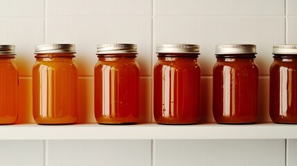 A series of identical honey jars lined up neatly on a minimalist pantry shelf, organized and clean.