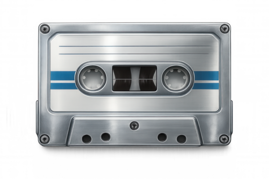 Vintage metallic audio cassette tape lying flat, representing analog music era and retro sound storage technology