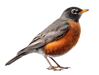 Obraz premium Detailed robin bird with orange breast, gray wings, and black head on transparent background
