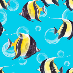 Tropical fish. Seamless pattern of bright tropical fish with bubbles on a turquoise background. Watercolor drawing.