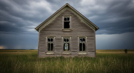Obraz premium Old abandoned house with weathered walls, broken details, and overgrown surroundings, creating a mysterious and nostalgic atmosphere, 16:9 ratio.