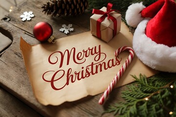 Merry christmas greeting card with santa hat and gift box on wooden table