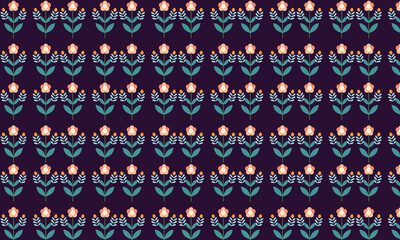 Seamless floral pattern with stylized tulips and leaves on a dark background