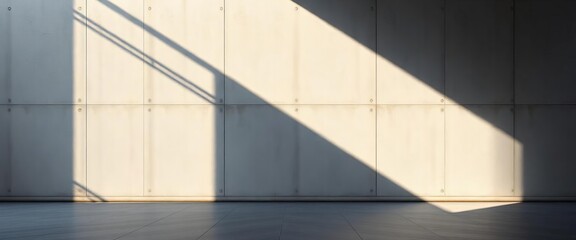 Obraz premium Sunlit concrete wall and floor, stark shadows, minimalist background, surface, interior