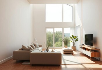 Fototapeta premium Sunlit minimalist living room, empty, clean lines, neutral palette, clean, luxury