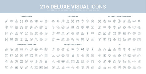 Global business strategy of growth, international company and leadership direction line icon set. World delivery and warehouse, teamwork, hiring thin black outline symbols vector illustration