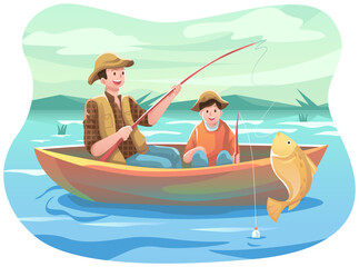 father and son fishing in the lake