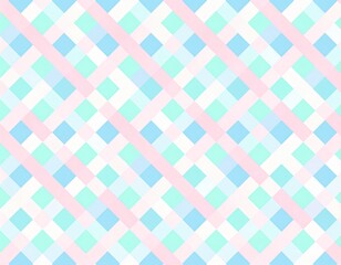 Fototapeta premium Pastel diagonal plaid pattern with pink and blue stripes. Seamless sweet gingham background for baby shower or nursery decor.