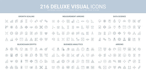 Science and business data analysis, arrows to measure growth and trends, size of geometric shapes line icon set. Blockchain and crypto money wallet thin black outline symbols vector illustration