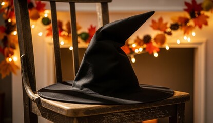 A black witch hat on a rustic chair, with a blurred background of string lights and autumn garlands, warm cozy tones.
