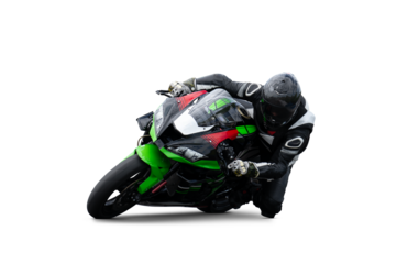 green-black sport motorcycle leaning in the corner isolated on transparent background