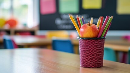 A classroom with a red apple and a cup of colored pencils on a wooden desk.