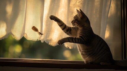Kitten reaching for feather near window with light curtain