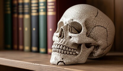 A cracked ceramic skull on a wooden shelf, blurred vintage books in background.