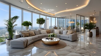 Elegant mountain view living room interior design high resolution photo