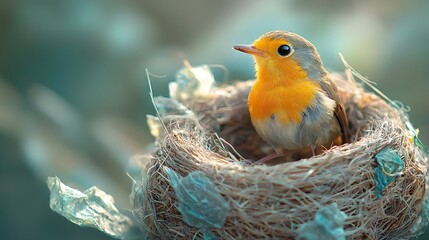 Bird weaving nest with recycled materials