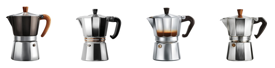 Collection of classic stovetop coffee makers for brewing delicious espresso at home isolated on transparent background.