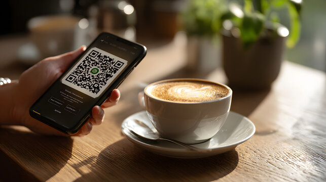 Change in consumer behavior, QR code scanner on restaurant table, accompanied by smartphone and cup of coffee, creates modern dining experience