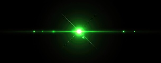 A vibrant green lens flare bursts across a pitch-black background, radiating light and small points of light