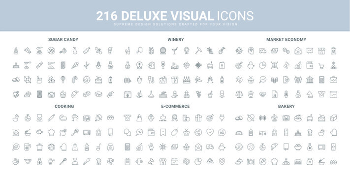 Bakery and confectionery with candy and bread, sugar product assortment, winery line icon set. chefs cooking tools, market economy and online shop sales thin black outline symbols vector illustration