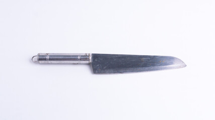 Old rusty kitchen knife with worn blade on white background. Vintage cooking tool, antique utensil, food safety risk, corrosion, metal decay, danger, culinary history concept.
