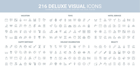 Hotel hospitality and room service, happy birthday invitation and gifts, beauty makeup and hygiene kit line icon set. Travel vacation, robots and toys thin black outline symbols vector illustration