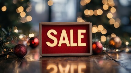 A red and gold sign with the word 'SALE' on a wooden table with Christmas decorations.