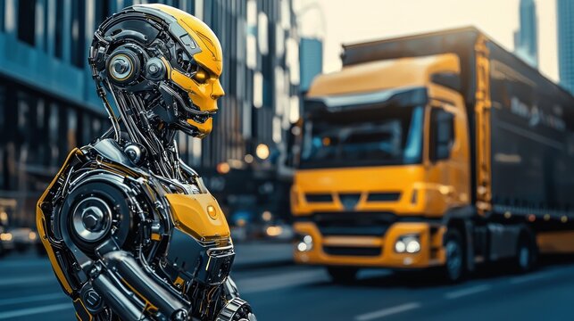 A futuristic robot stands in a city street, with a yellow truck in the background.