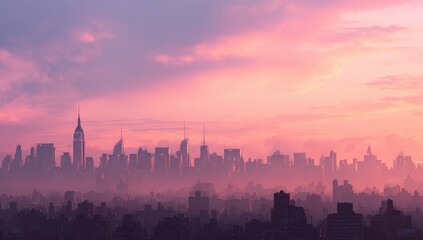 Fototapeta premium Dreamlike cityscape at sunrise/sunset, hazy atmosphere, silhouettes of skyscrapers against a pastel pink and orange sky